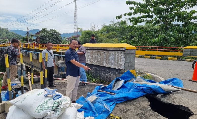 Kepala UPT PJJ Wilayah Pacitan, Budi Harisantoso saat meninjau lubang jalan disisi jembatan Arjosari