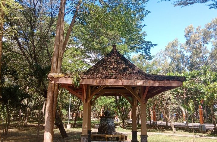 Atap gasebo yang nampak kotor banyak ranting kering namun belum dibersihkan.